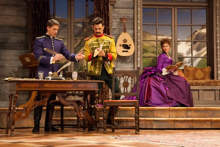 (from left) Zach Appelman as Captain Bluntschli, Enver Gjokaj as Major Sergius Saranoff, and Wrenn Schmidt as Raina Petkoff in George Bernard Shaw’s romantic comedy Arms and the Man, directed by Jessica Stone, running May 9 – June 14, 2015 at The Old Globe. Photo by Jim Cox.