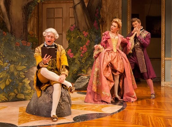 (from left) Michael Goldstrom as Mondor, Amelia Pedlow as Lucille, and Cary Donaldson as Dorante in the West Coast premiere of David Ives’s The Metromaniacs, adapted from Alexis Piron’s La Métromanie, directed by Michael Kahn, presented in association with Shakespeare Theatre Company, January 30 – March 6, 2016 at The Old Globe. Photo by Jim Cox.
